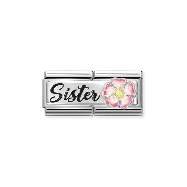 Nomination Silver Double Sister with Raised CZ Pink Flower Composable Charm