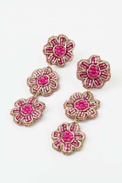 My Doris 3 Drop Folk Pink Floral Earrings